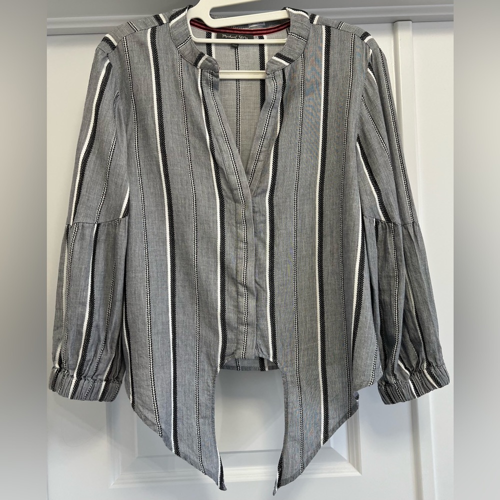 MICHAEL STARS Striped Grey, Black and White Tie-Front Blouse, XS